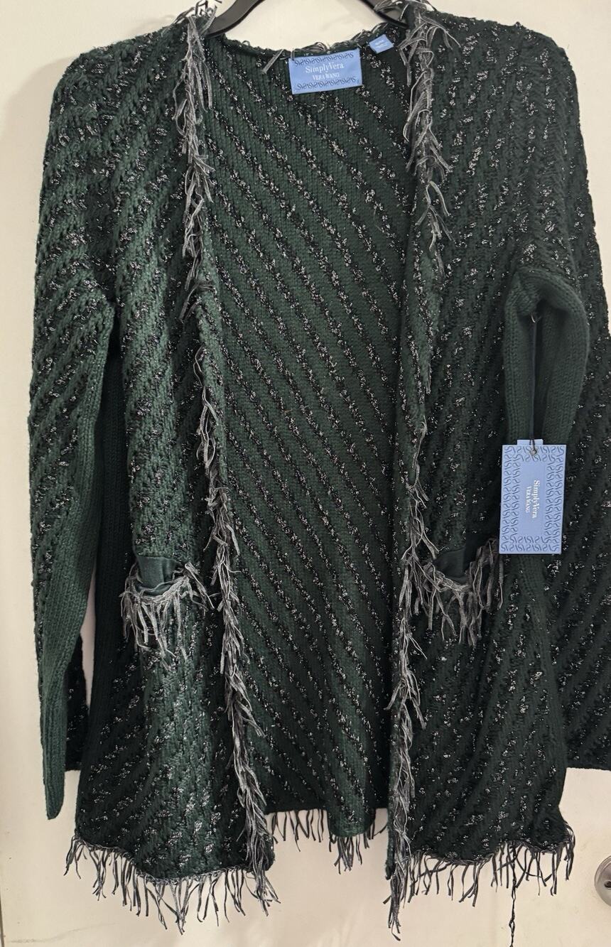 Simply Vera Vera Wang Dark Green Black Silver Sparkly Sweater Hook Closure S/M
